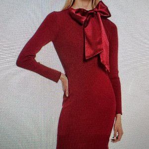 Antonio Melani Lela Sweater Bow Mock Neck Long Sleeve MIDI Dress - Red